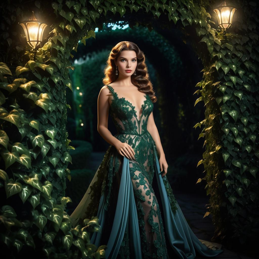 Elegant Woman in Emerald Green Gown at Ivy-Covered Archway