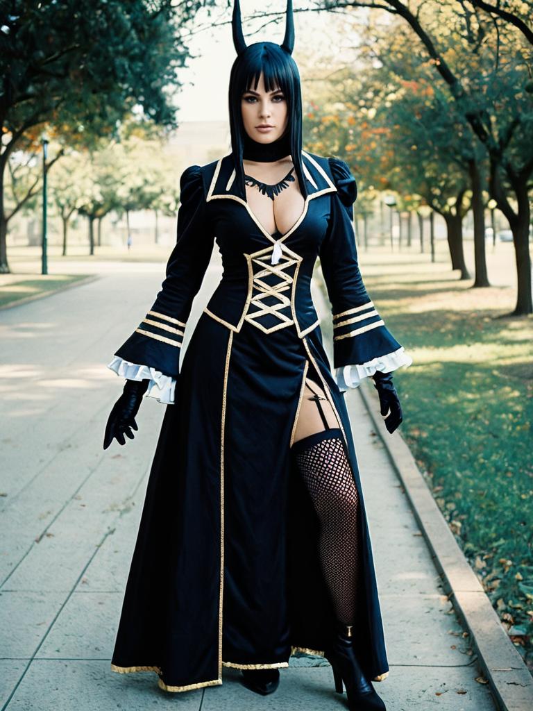 Sexy Woman in Nigredo Cosplay Costume with Horns and Fishnet Stockings