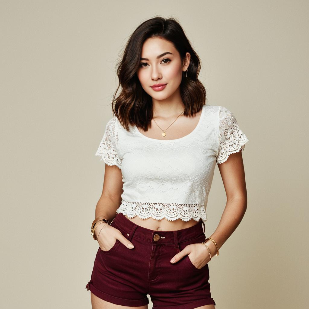 Young Woman Wearing White Lace Crop Top and Maroon Shorts Casual Summer Outfit