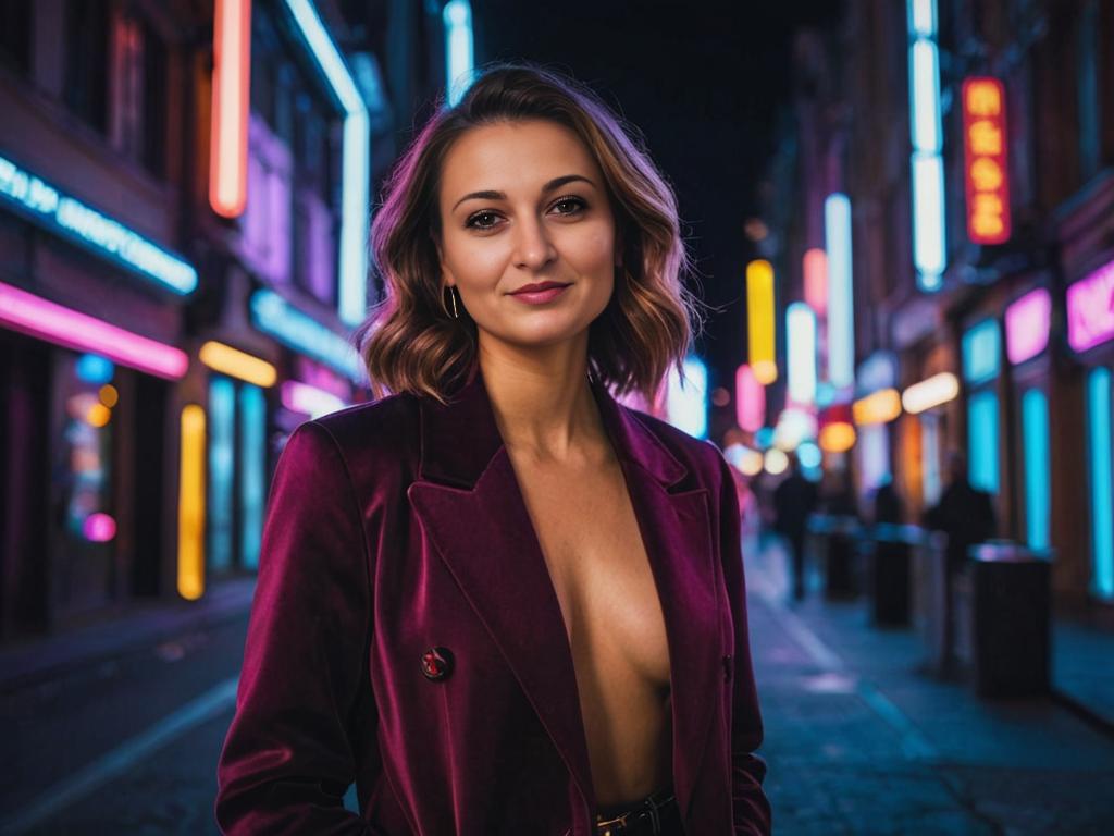 Elegant Woman Posing in City at Night with Neon Lights