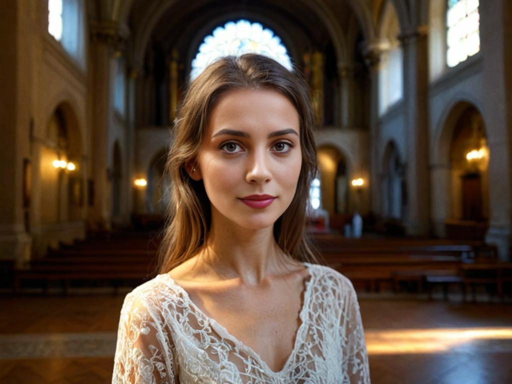 Young Woman in Lace Dress at Cathedral