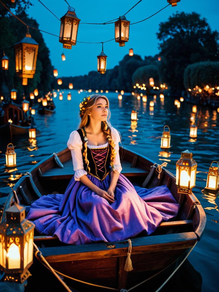 Woman in Vintage Costume on Boat at Twilight Woman in Vintage Costume on Boat at Twilight