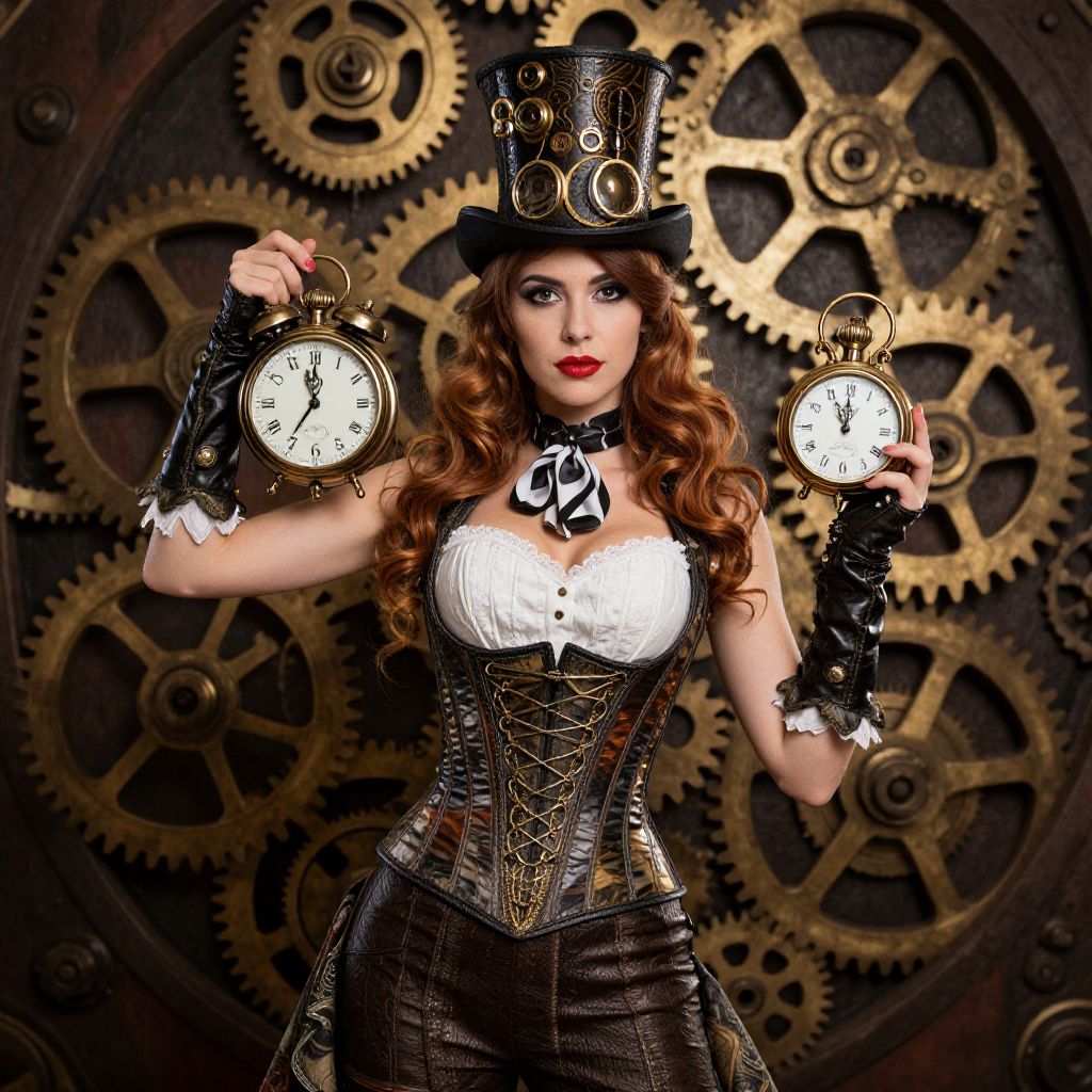 Steampunk Woman in Corset Holding Vintage Clocks with Gear Background