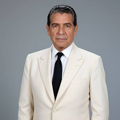 Portrait of Middle-Aged Man in Off-White Suit with Black Tie