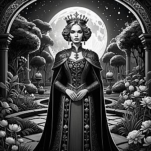 Regal Woman in Medieval Gown with Moonlit Garden