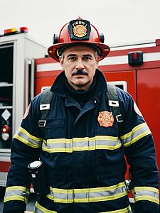 Portrait of Man in Firefighter Costume with Fire Truck Background