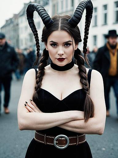 Confident Woman in Black Cruella Costume with Braided Horns on City Street