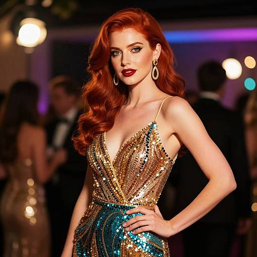 Glamorous Red-Haired Woman in Sequined Gown at Elegant Event