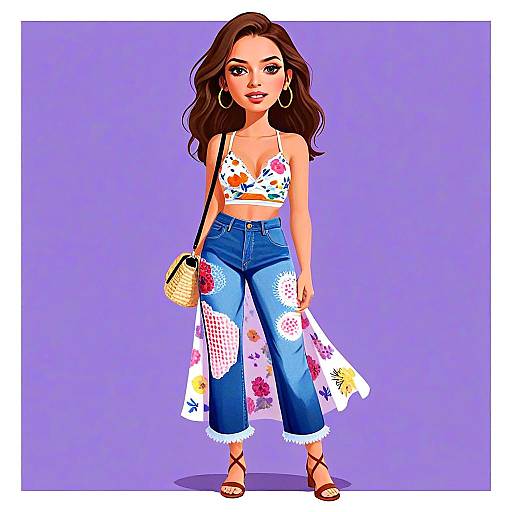 Woman in Floral Print Cropped Halter Top and Patchwork Jeans Digital Illustration