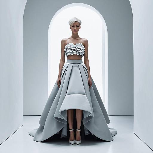 Avant-Garde Fashion Woman in Sculptural Gray High-Low Gown