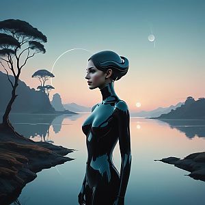 Futuristic Woman by Serene Lake at Sunset