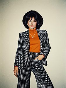 Vintage 1970s Woman in Polka Dot Suit and Orange Turtleneck Fashion
