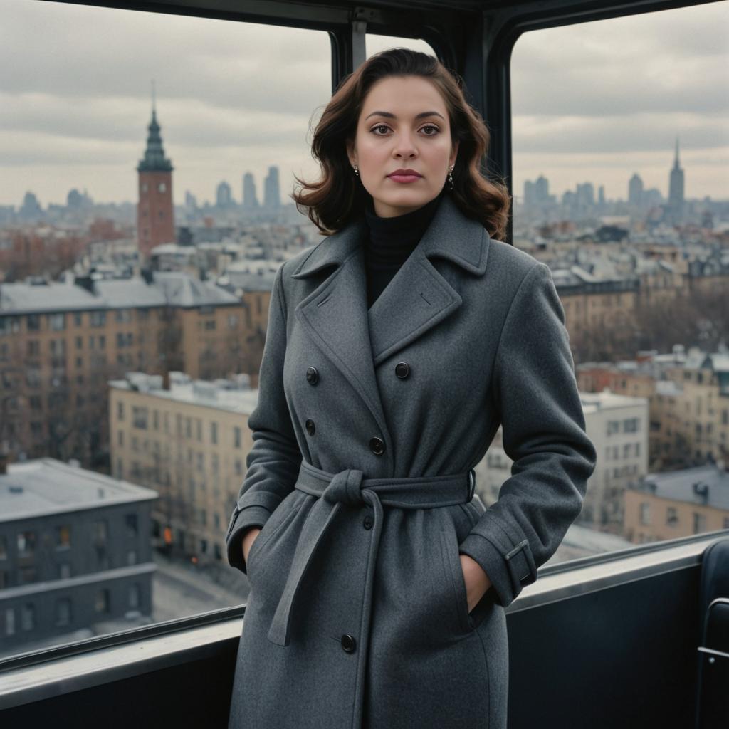 Elegant Woman in Grey Coat Against Cityscape