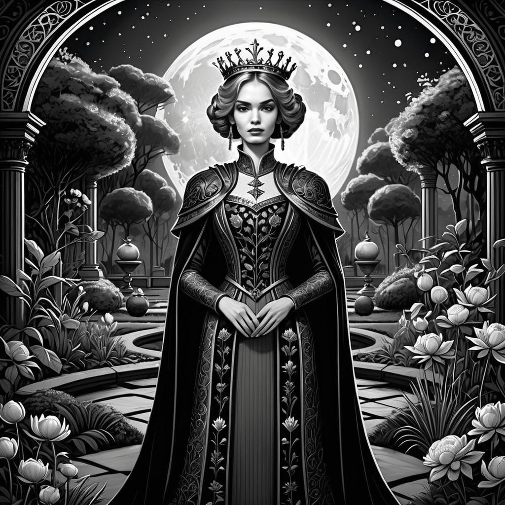 Regal Woman in Medieval Gown with Moonlit Garden Regal Woman in Medieval Gown with Moonlit Garden