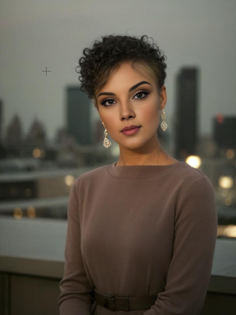 Sophisticated Woman in Taupe Outfit with Curly Hair