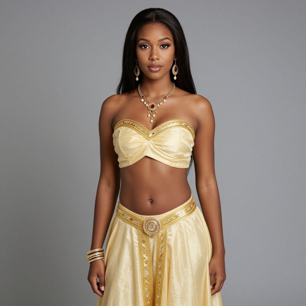 Elegant Woman in Gold Belly Dance Costume with Jewelry