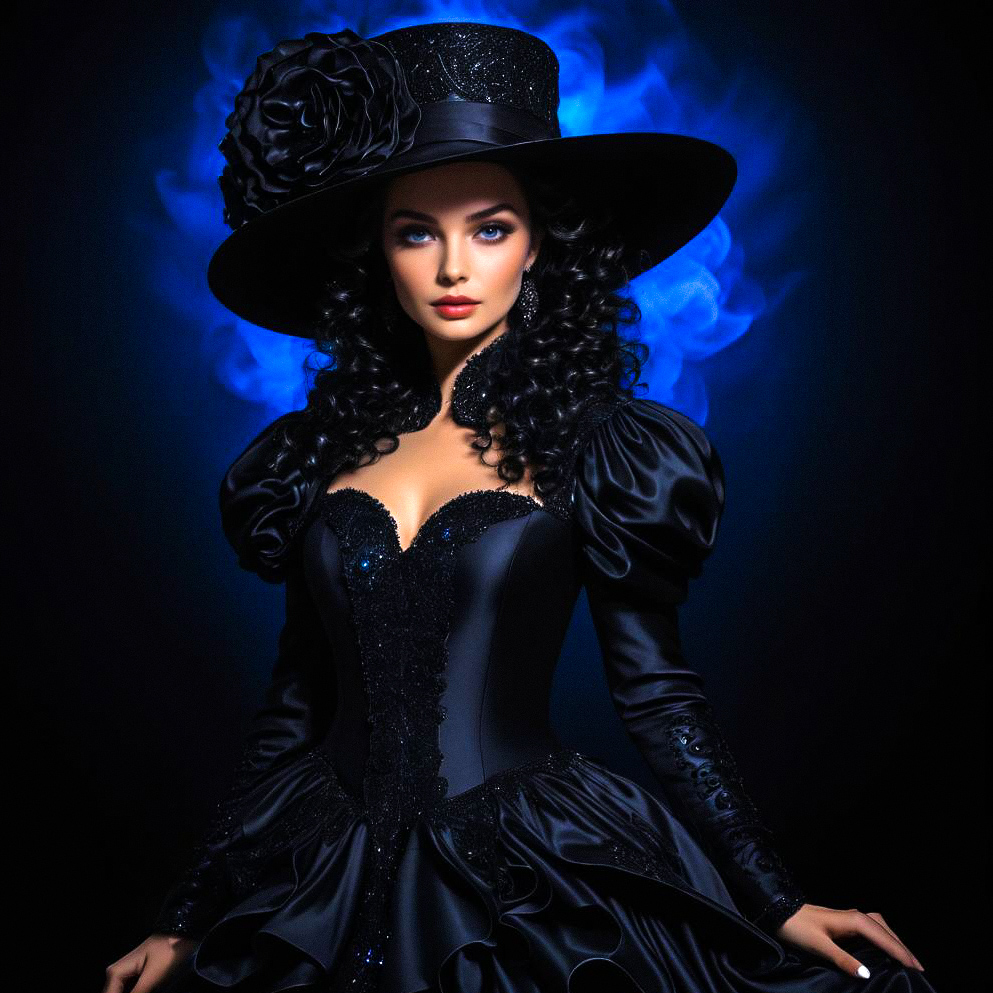 Elegant Woman in Black Gown with Wide-Brimmed Hat and Blue Smoke