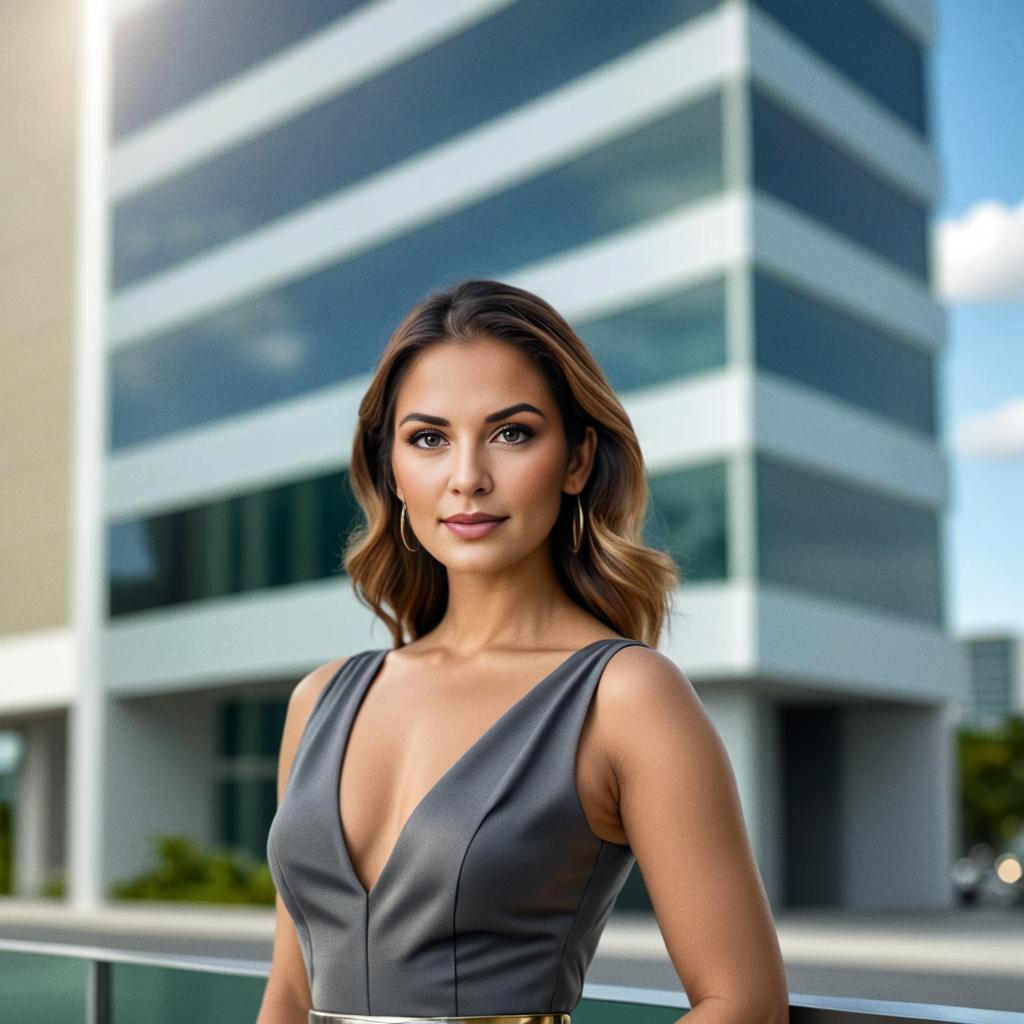 Confident Woman in Stylish Outfit Against Modern Architecture