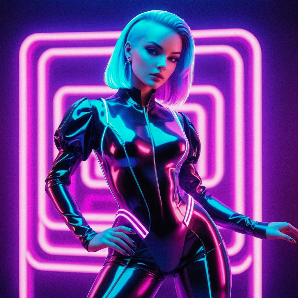 Futuristic Woman in Glossy Outfit with Neon Backdrop