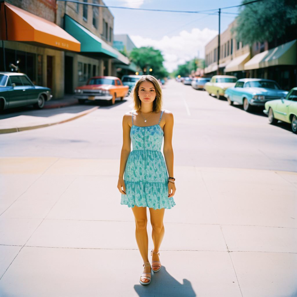 Confident Woman in Light Blue Dress on Sunny Street