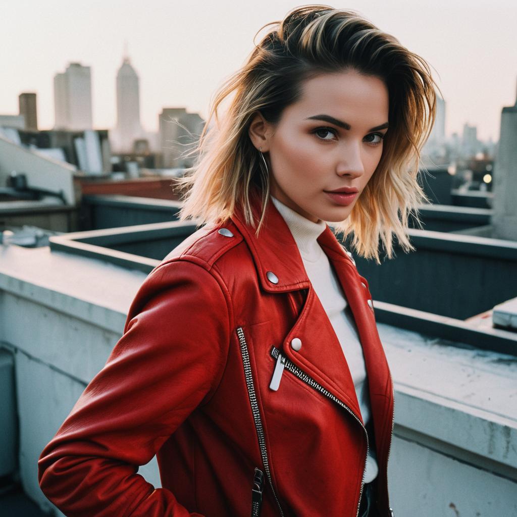 Confident Woman in Red Leather Jacket on Urban Rooftop
