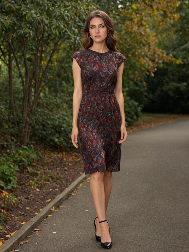 Woman in Patterned Dress Walking on Autumn Path