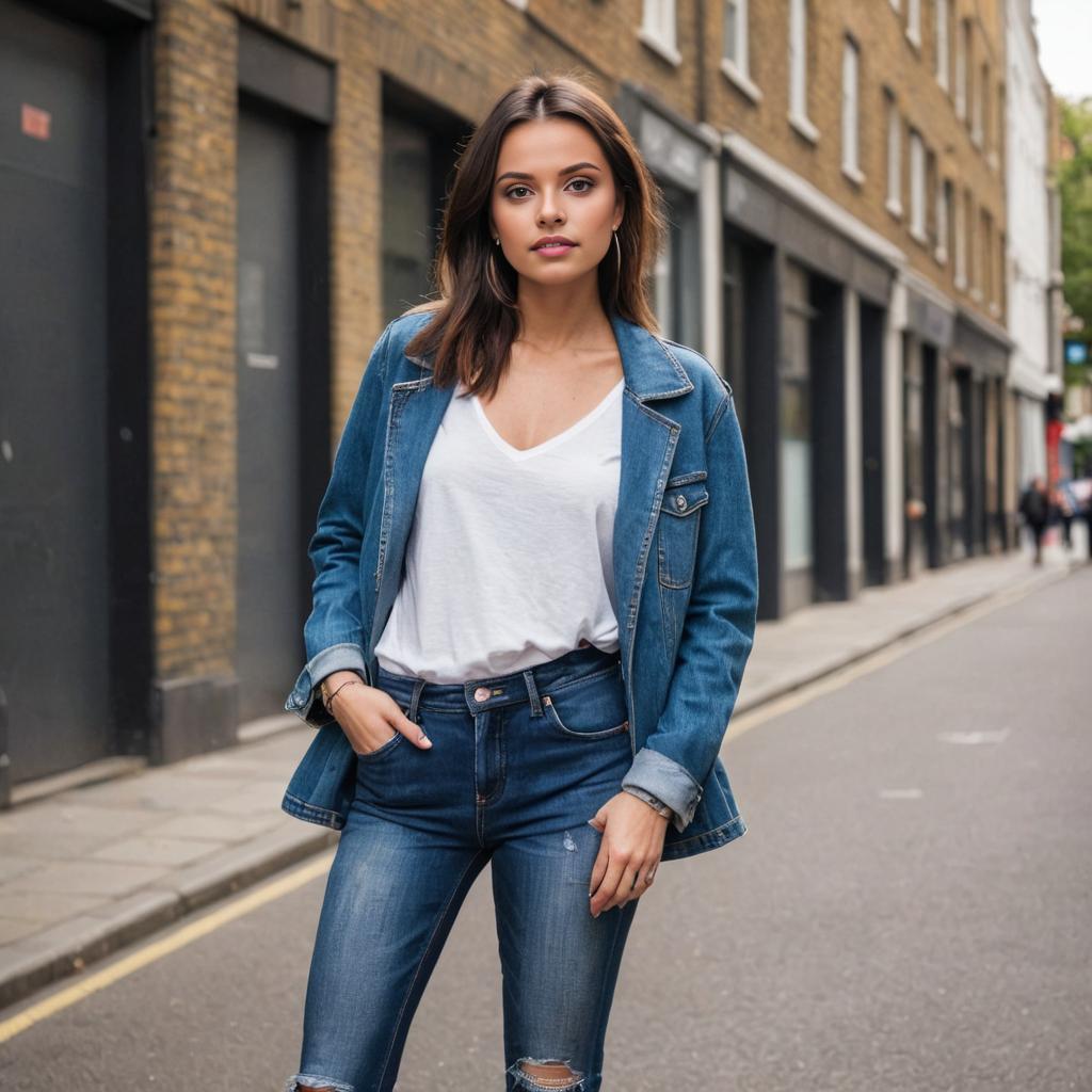 Stylish Woman in Skinny Jeans and Denim Jacket on London Street