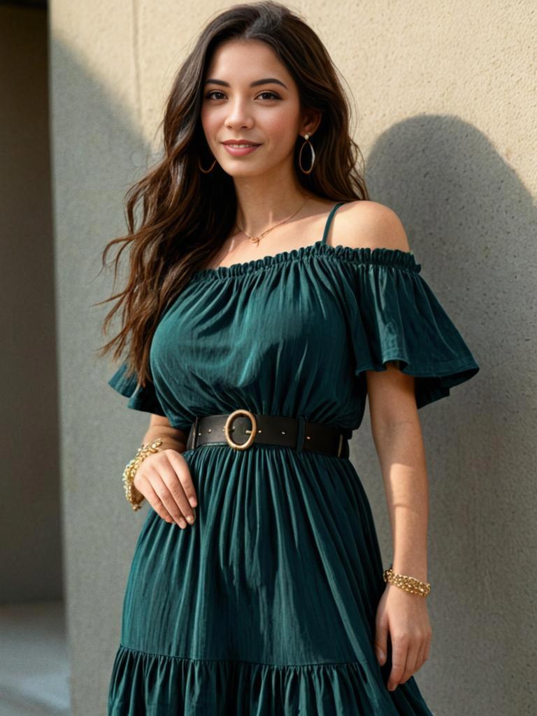 Stylish Woman in Green Off-Shoulder Dress