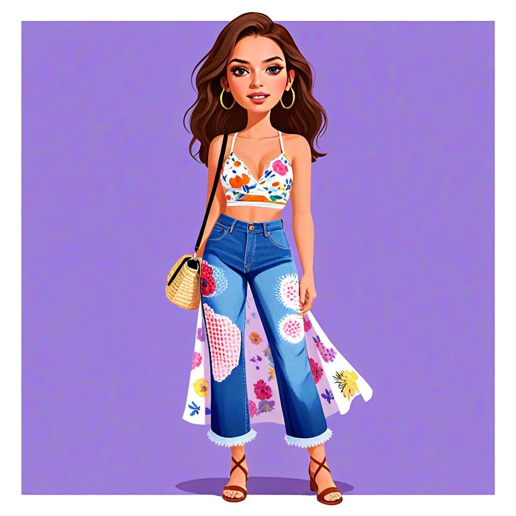 Woman in Floral Print Cropped Halter Top and Patchwork Jeans Digital Illustration