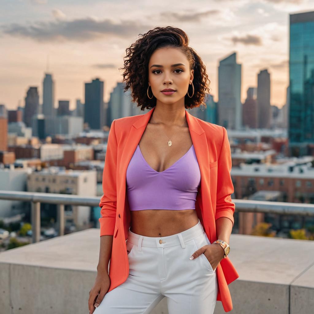 Stylish woman in orange blazer on urban rooftop