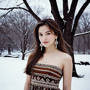Young Woman in Strapless Brown Geometric Dress in Snowy Forest