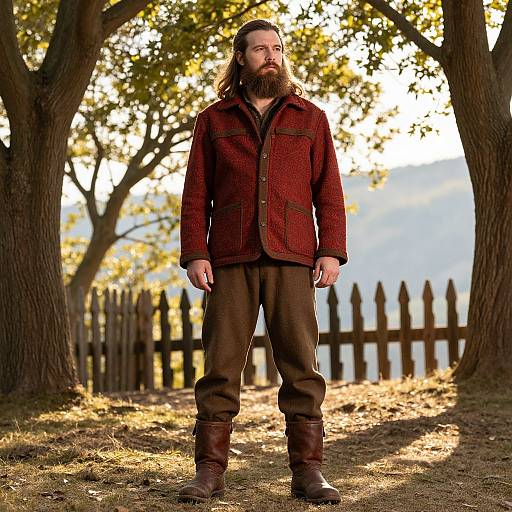 Bearded Man in Rustic Wool Jacket and Boots Outdoors