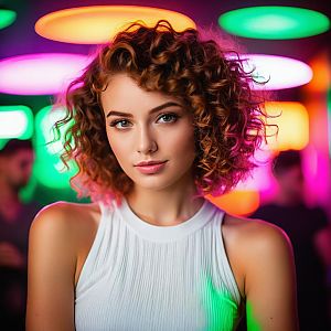 Stylish Portrait of Woman with Curly Hair and Neon Lights Background