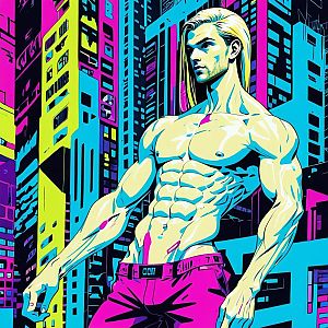 Muscular Man in Neon Urban Scene