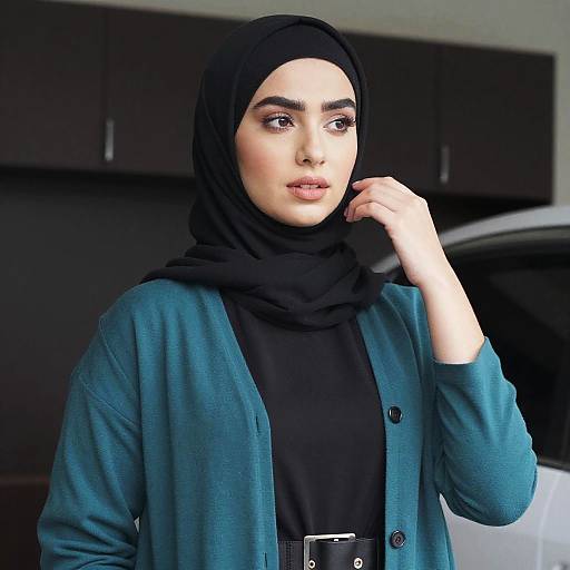 Young Woman in Black Hijab and Teal Cardigan Portrait