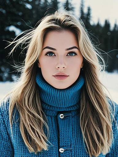 Realistic Portrait of Woman in Blue Ski Coat with Long Hair in Snowy Forest