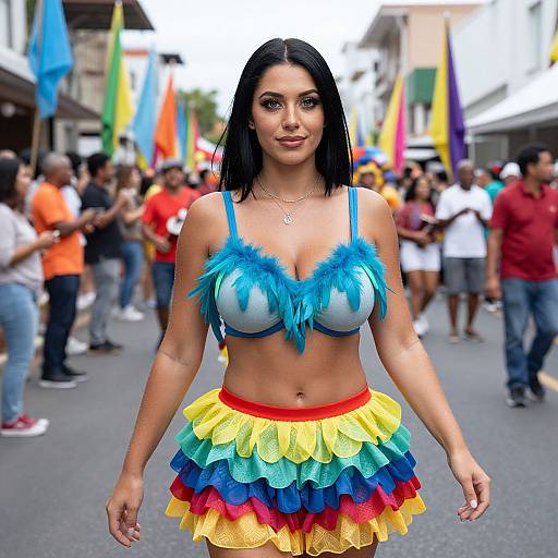 Colorful Carnival Woman in Feathered Top and Rainbow Skirt on Street