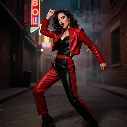 Woman in Red and Black Leather Outfit Posing in Neon Urban Alley