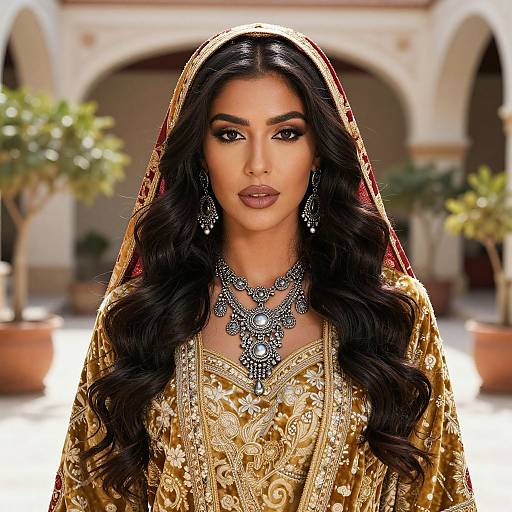 Elegant Woman in Golden Traditional Embroidered Outfit with Silver Jewelry