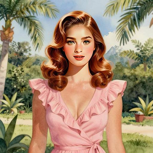 Vintage Style Portrait of Woman in Pink Dress Outdoor