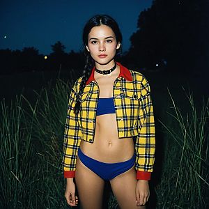 Young Woman in Yellow Plaid Jacket and Blue Bikini Outdoors at Night