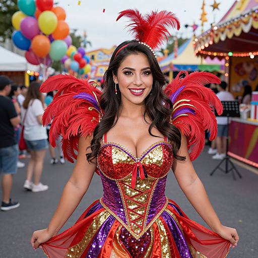 Woman in Colorful Carnival Costume with Red Feathers at Festival