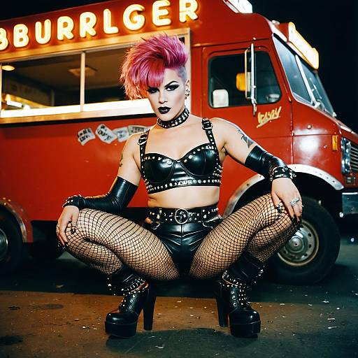 Punk Rock Woman with Pink Mohawk in Leather Outfit Posing by Food Truck