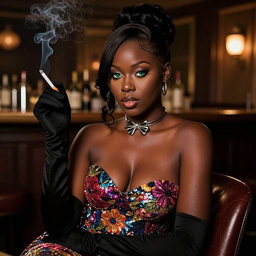 Glamorous Woman in Floral Sequin Dress Smoking Cigarette in Elegant Bar