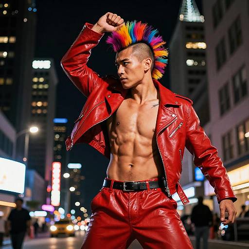 Man with Rainbow Mohawk and Red Leather Outfit in Urban Night Scene