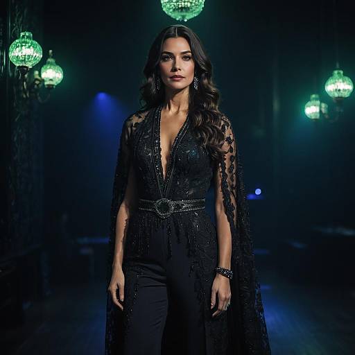 Elegant Woman in Black Lace Gown with Vintage Lighting