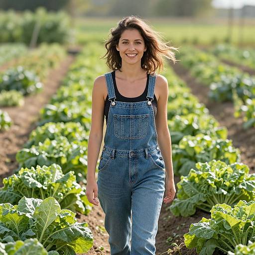 Young Woman Walking Through Lettuce Field in Denim Overalls