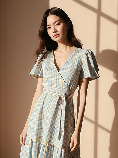 Contemporary Casual Asymmetrical Midi Dress with Vibrant Blue Plaid Pattern