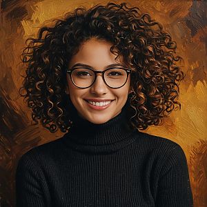 Curly-Haired Woman Wearing Glasses in Black Turtleneck Portrait with Artistic Background