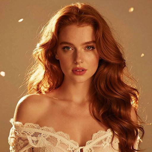 Elegant Redhead Woman with Wavy Hair in Off-Shoulder Lace Top